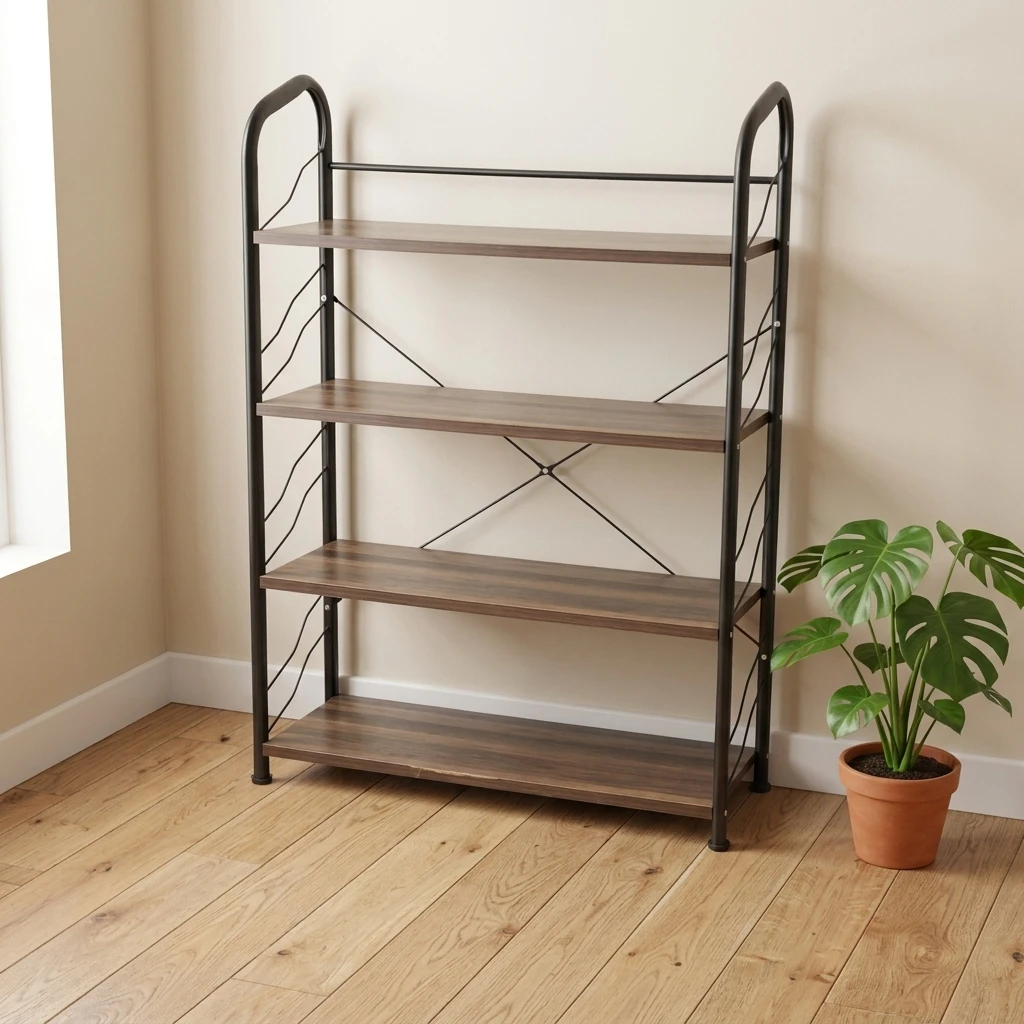 4-Tier Bookshelf with Metal Frame and Wood Shelves, Brown