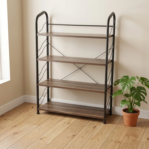 4-Tier Bookshelf with Metal Frame and Wood Shelves, Brown
