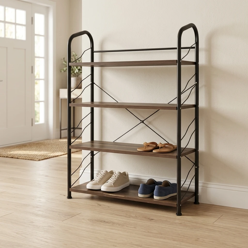 4-Tier Bookshelf with Metal Frame and Wood Shelves, Brown