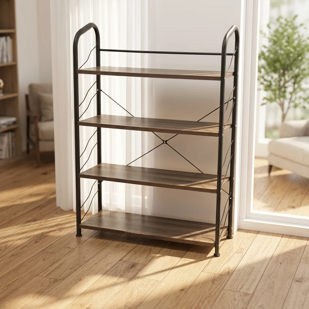 4-Tier Bookshelf with Metal Frame and Wood Shelves, Brown