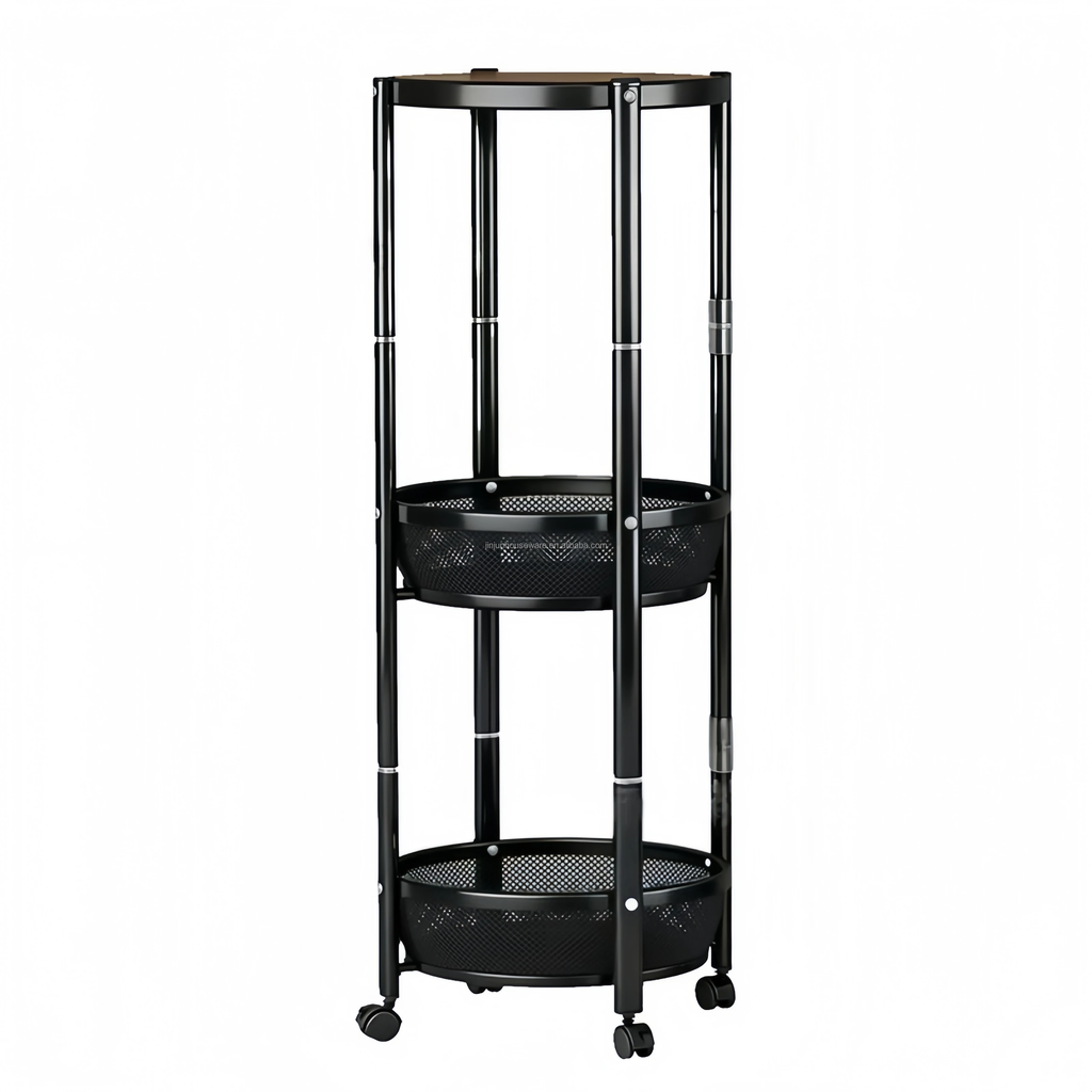 3 Tier Round Storage Trolley Cart with Wheels, Black Metal