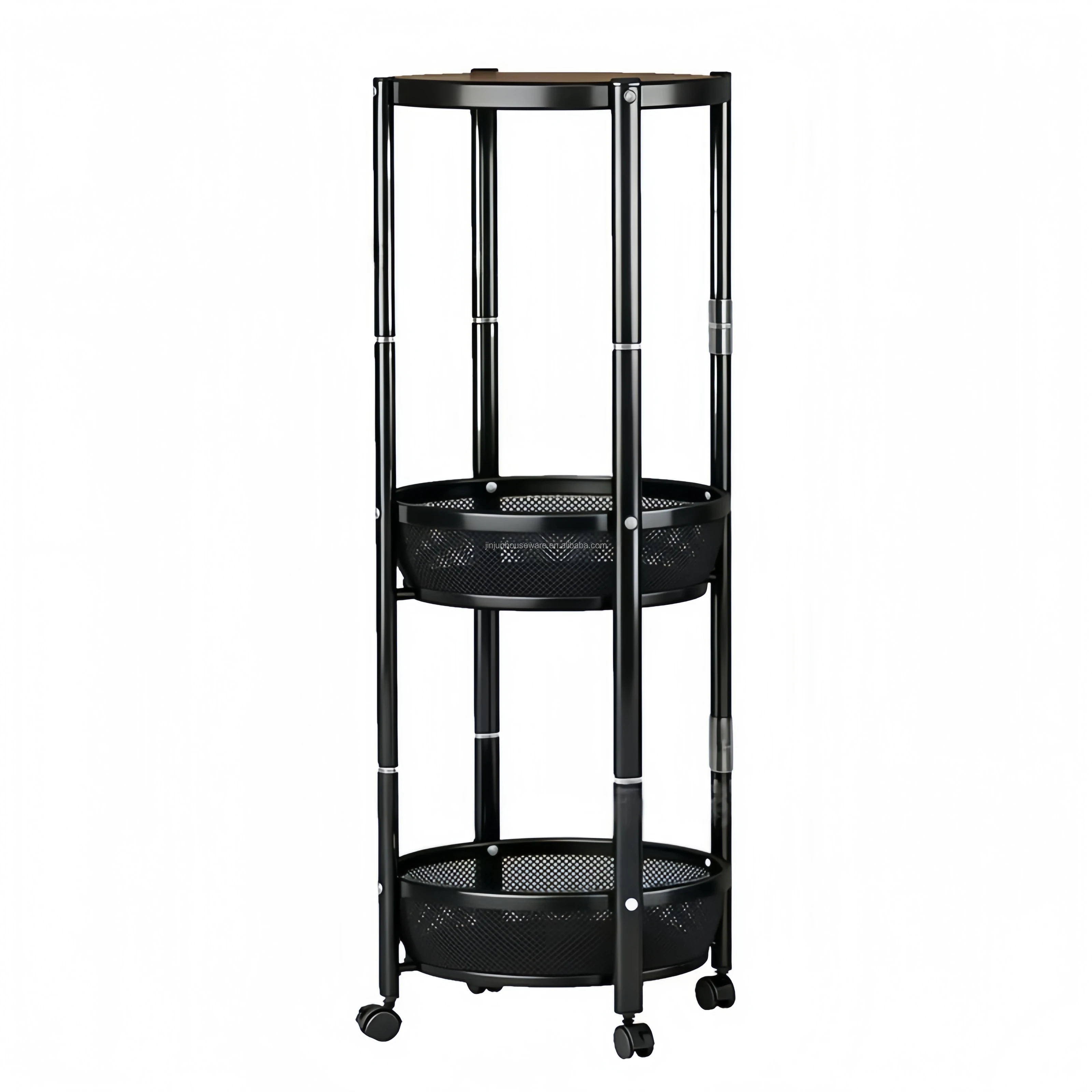 3 Tier Round Storage Trolley Cart with Wheels, Black Metal