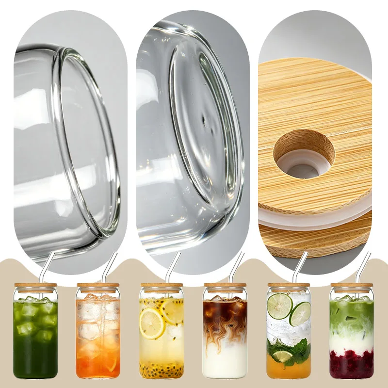 4pcs Drinking Glasses with Bamboo Lids and Straw