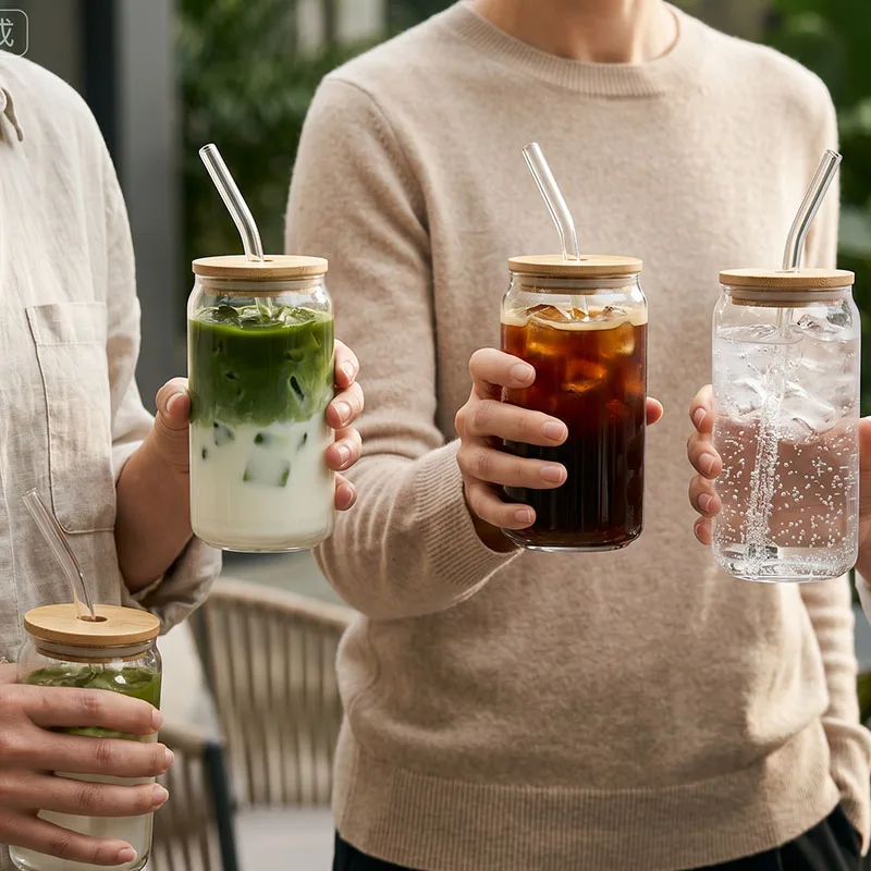 4pcs Drinking Glasses with Bamboo Lids and Straw