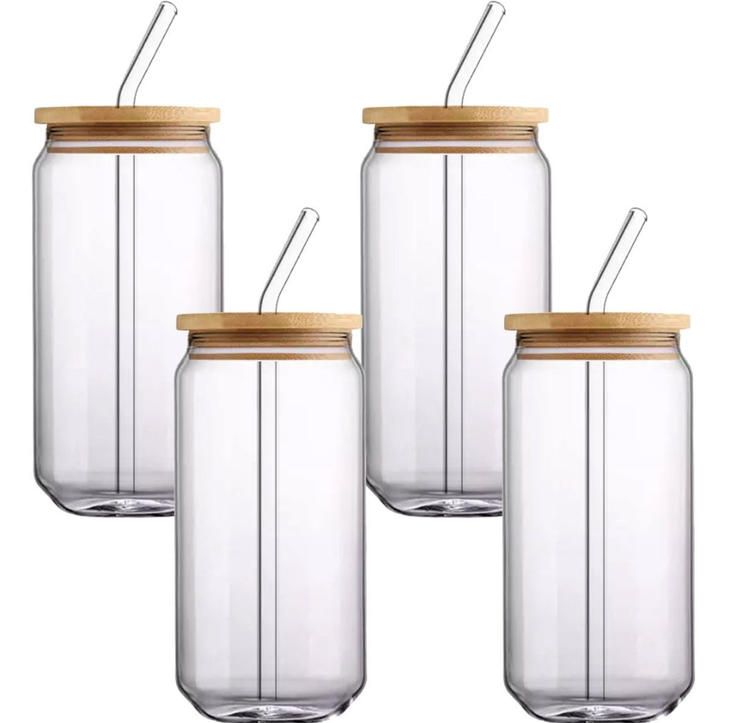 4pcs Drinking Glasses with Bamboo Lids and Straw