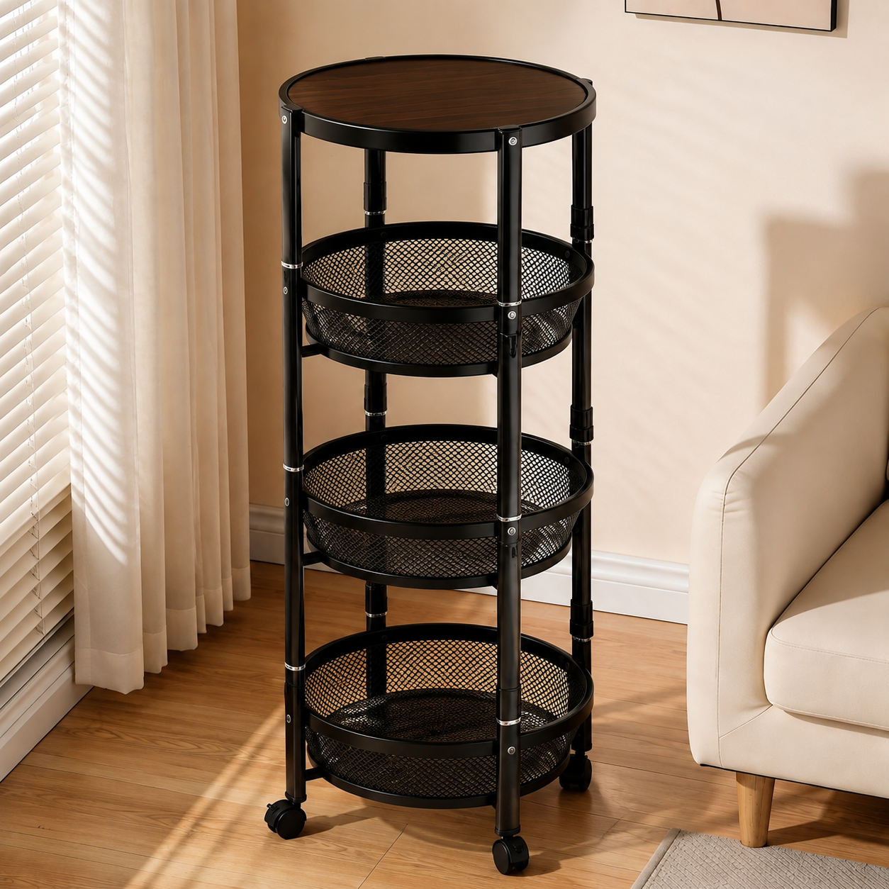 4 Tier Round Storage Trolley Cart with Wheels, Black Metal
