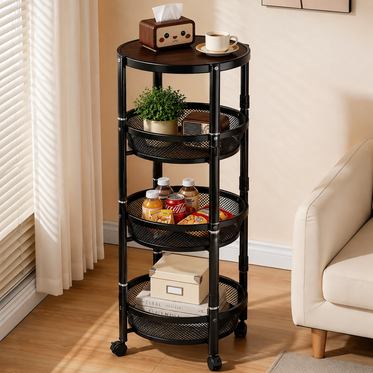 4 Tier Round Storage Trolley Cart with Wheels, Black Metal