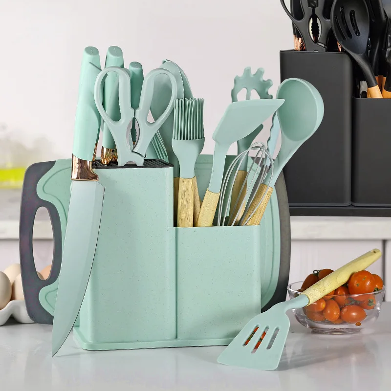 19 Pcs Silicone Kitchenware Set with Wooden Handles