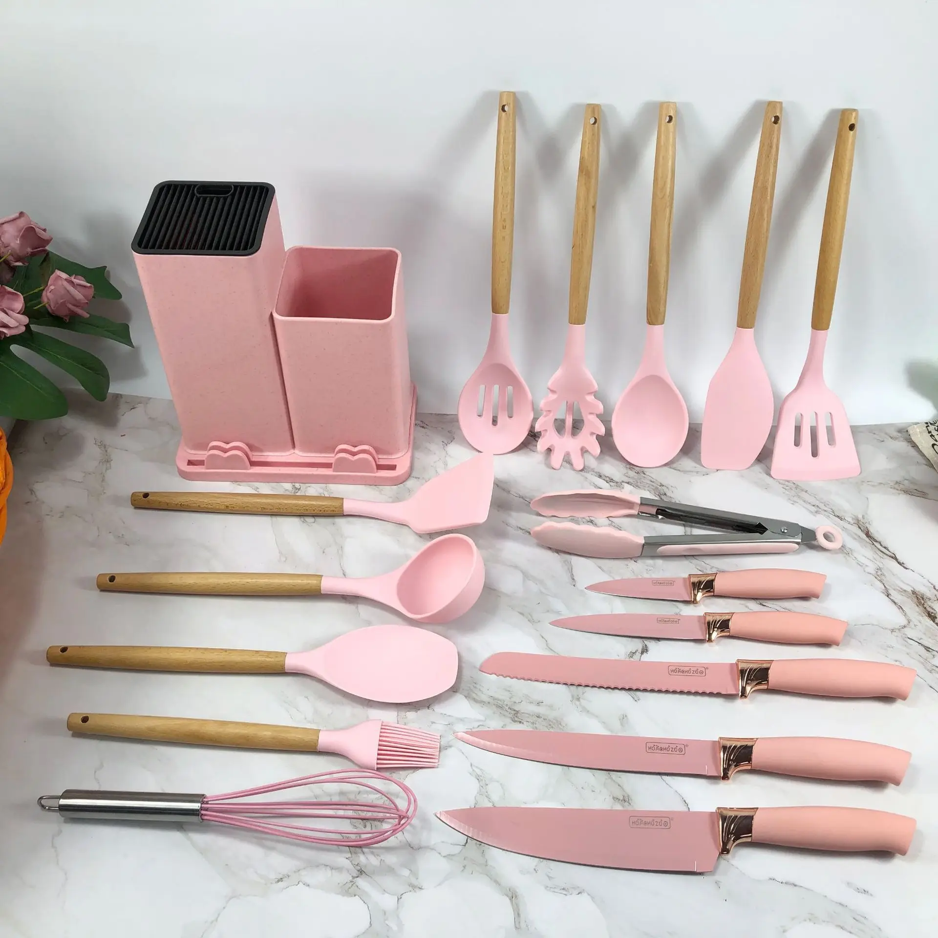 19 Pcs Silicone Kitchenware Set with Wooden Handles