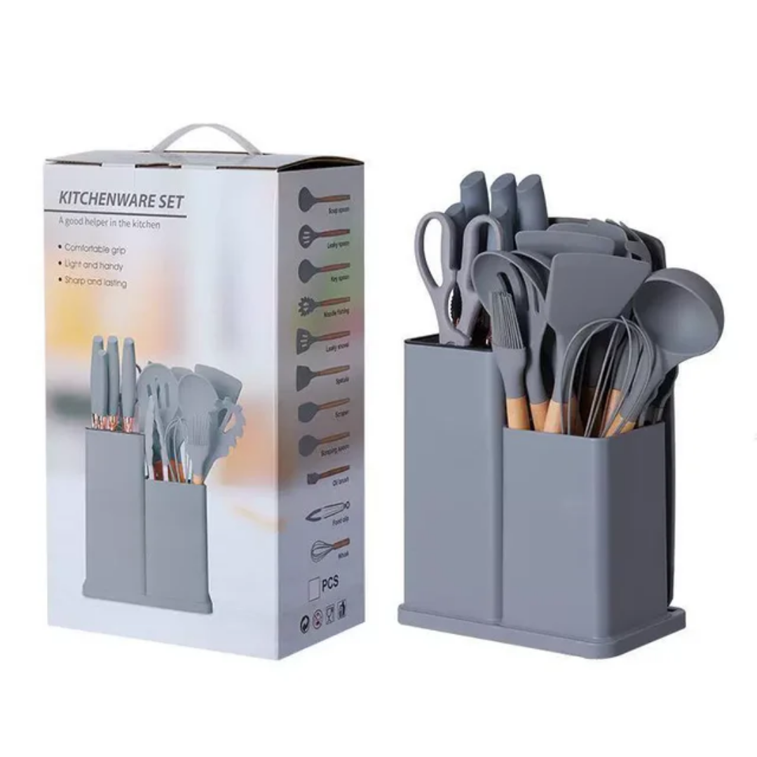 19 Pcs Silicone Kitchenware Set with Wooden Handles