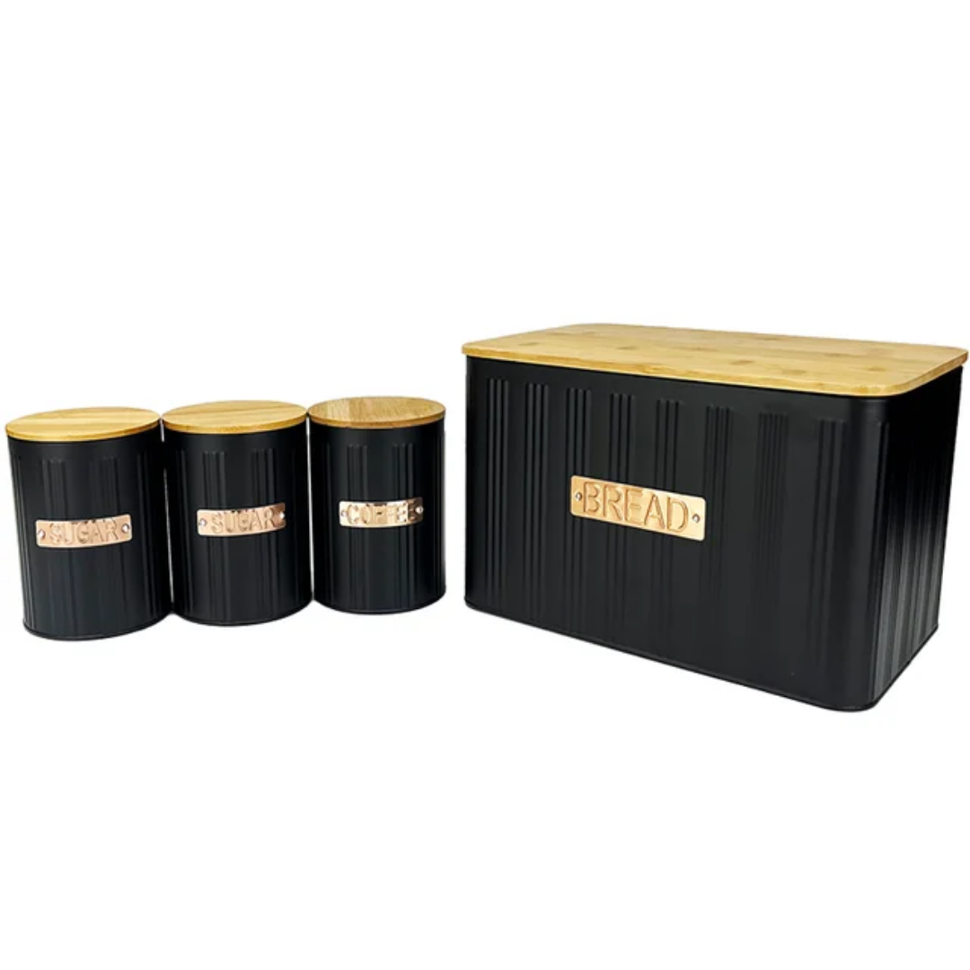 Bamboo Lid Bread Bin with Canisters 4Pcs