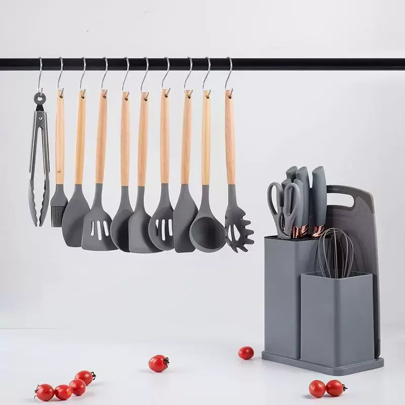 19 Pcs Silicone Kitchenware Set with Wooden Handles