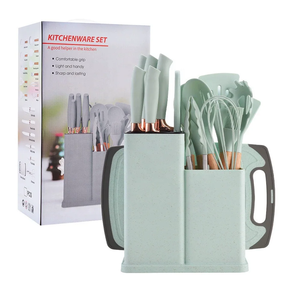 19 Pcs Silicone Kitchenware Set with Wooden Handles