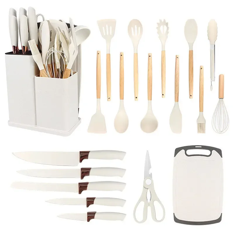 19 Pcs Silicone Kitchenware Set with Wooden Handles
